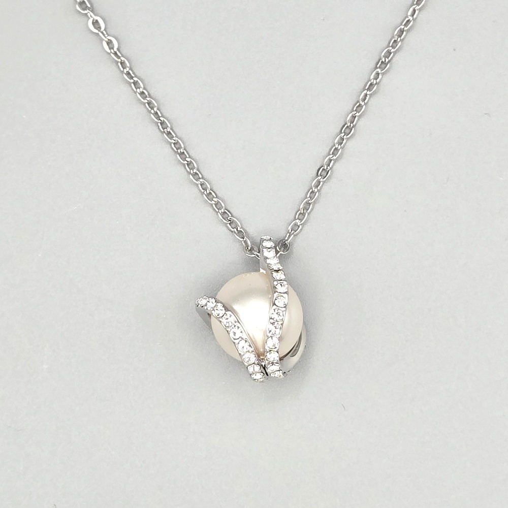Silver Tone Crystal Cage Glass Faux Pearl Pendant Necklace Adjustable D Logo Tag
